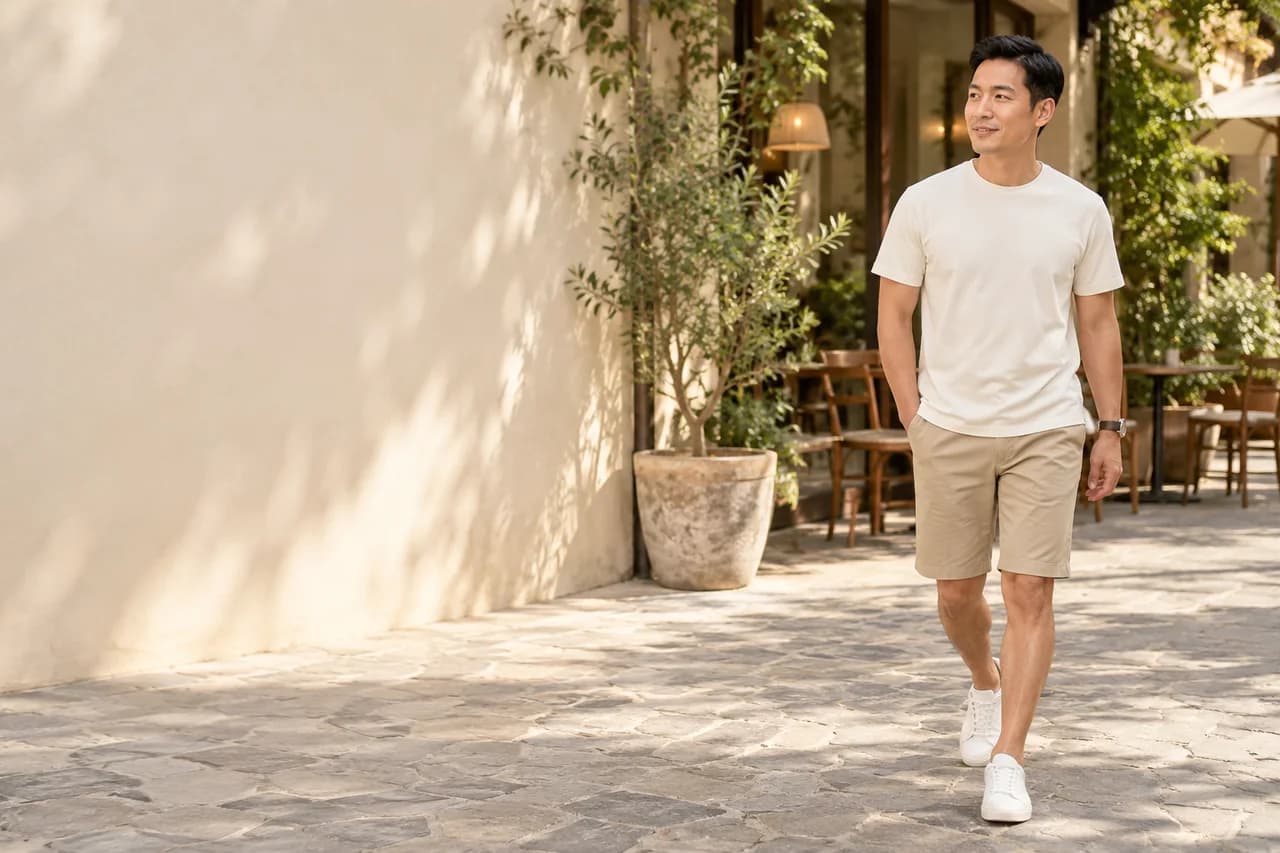 Người đàn ông mặc áo thun trắng ngà và quần short kaki be đi dạo bên quán cà phê